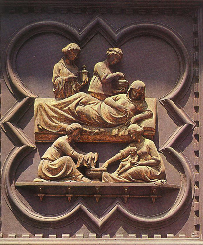 Puerta del Baptisterio de la catedral de Florencia. Nacimiento de Juan Bautista 