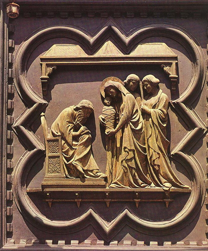 Puerta del Baptisterio de la catedral de Florencia. Joaqun escribe el nombre de Juan Bautista
