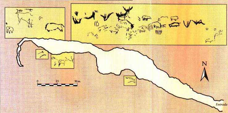 Mapa de la cueva del Pindal y lugar de las pinturas.
