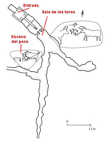 Mapa con la situacin del pozo en la cueva de Lascaux (Francia)