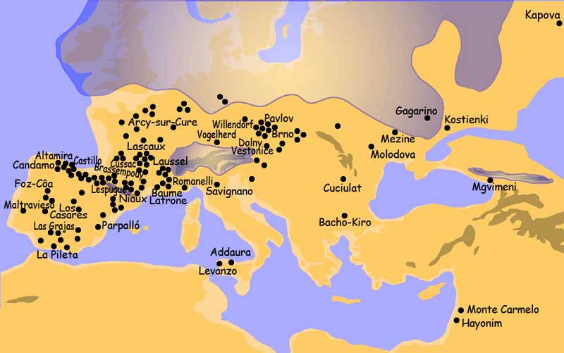 Mapa con importantes yacimientos prehistricos