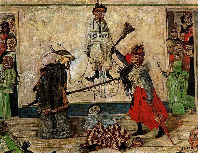 Ensor: Enmascarados pelendose por un ahorcado.